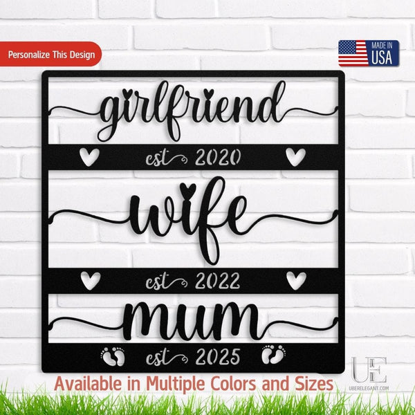 Personalized Girlfriend to Wife to Mom Metal Sign - Push Present, 1st Mother’s Day Gift, Expecting Mom Gift, Custom Name & Date Art Metal Sign Black / 12" Uber Elegant