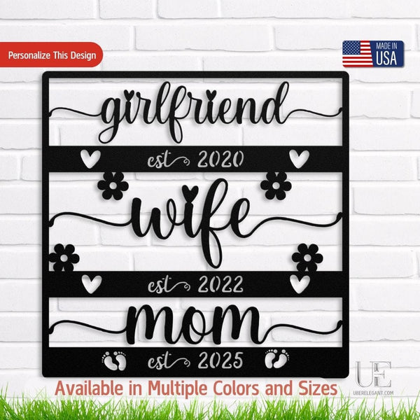 Custom Girlfriend to Wife to Mom Metal Sign - 1st Mothers Day Gift, Expecting Mom Gift, Push Present, Personalized Mother's Day Gift Metal Sign Black / 12" Uber Elegant