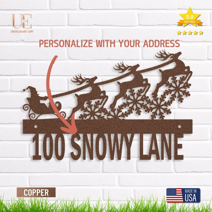 Santa Claus is Coming to Town Metal Santa Sleigh with Reindeer Stand Christmas Mantel Decor Metal Christmas Decor, Choice of Finish Metal Sign Copper / 12 Uber Elegant