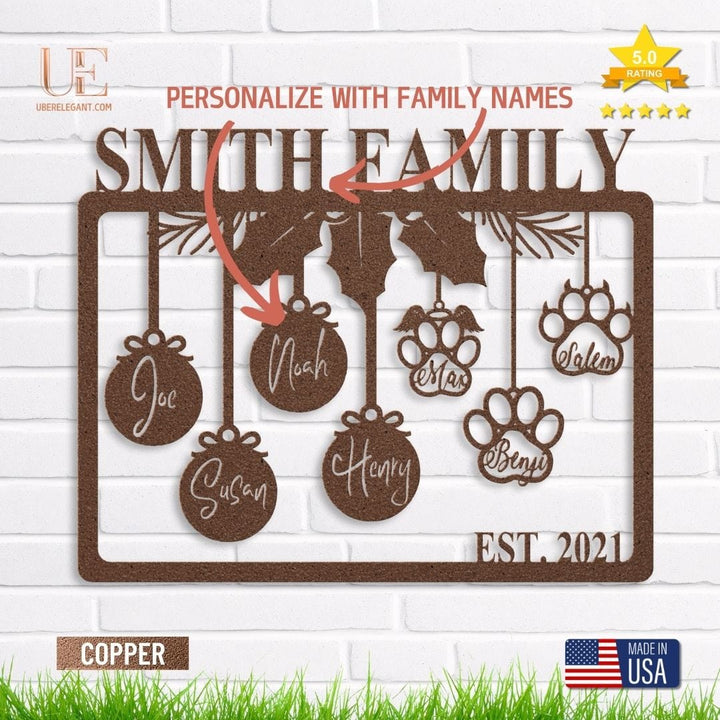 Personalized Family Christmas Decoration, Holiday Decor Sign, Farmhouse Home Decoration Metal Sign Copper / 12" Uber Elegant