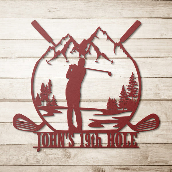 19th Hole Metal Sign, Personalized Golf Wall Art for Mancave Decor, Ideal Gift for Golfer Dads, Boyfriends, and Husbands Metal Sign Red / 12" Uber Elegant