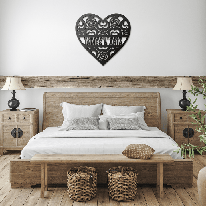 Custom Heart Wreath with Names and Date | Romantic Keepsake for Couples | 1st Anniversary or Wedding Gift Metal Sign Black / 12" Uber Elegant