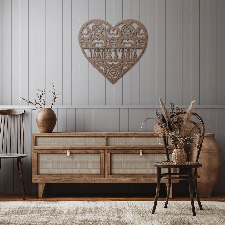 Custom Heart Wreath with Names and Date | Romantic Keepsake for Couples | 1st Anniversary or Wedding Gift Metal Sign Uber Elegant