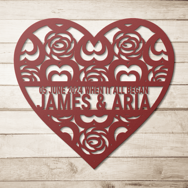 Custom Heart Wreath with Names and Date | Romantic Keepsake for Couples | 1st Anniversary or Wedding Gift Metal Sign Red / 12" Uber Elegant