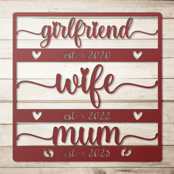 Personalized Girlfriend to Wife to Mom Metal Sign - Push Present, 1st Mother’s Day Gift, Expecting Mom Gift, Custom Name & Date Art Metal Sign Red / 12" Uber Elegant