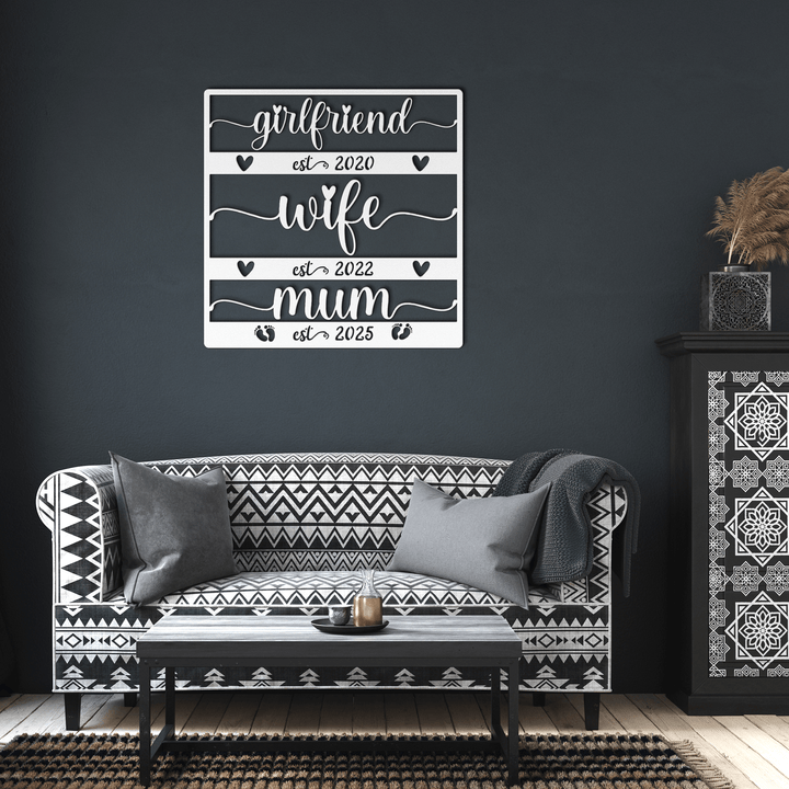 Personalized Girlfriend to Wife to Mom Metal Sign - Push Present, 1st Mother’s Day Gift, Expecting Mom Gift, Custom Name & Date Art Metal Sign White / 12" Uber Elegant