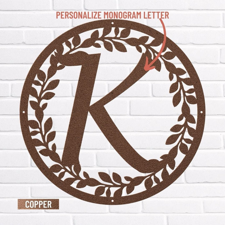 Metal Circle Letter Monogram w/ Vines, Wall Sign, Couples Wedding Gift Metal Art Copper / 12" Uber Elegant