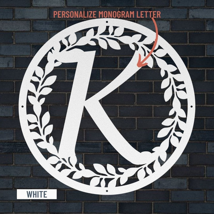 Metal Circle Letter Monogram w/ Vines, Wall Sign, Couples Wedding Gift Metal Art White / 12" Uber Elegant