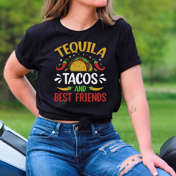 Matching Cinco De Mayo Drinking Party Shirt For Latina Women And Men, Mexican Fiesta Tequila Tacos Best Friends Tee, Taco Lover Gift T-Shirt